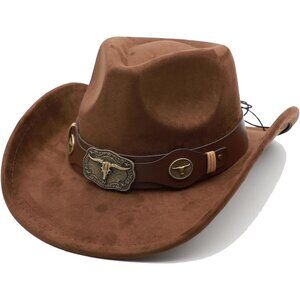 Unisex Brown 100% Polyester Western with Bull Skull Buckle Band Cowboy Felt Hat